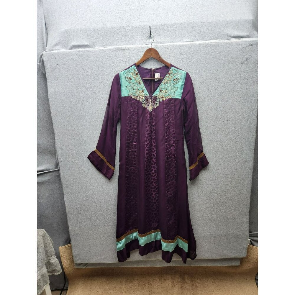 Embroidered‎ Rubashka Couture Purple & Teal Kaftan Long Dress With Beaded Detail